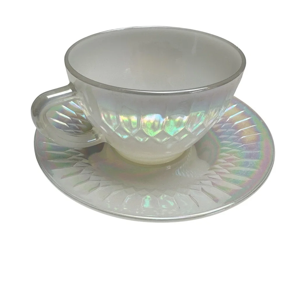 Vintage Federal Glass Moonglow Iridescent Tea Cup Saucer Set Princess Party